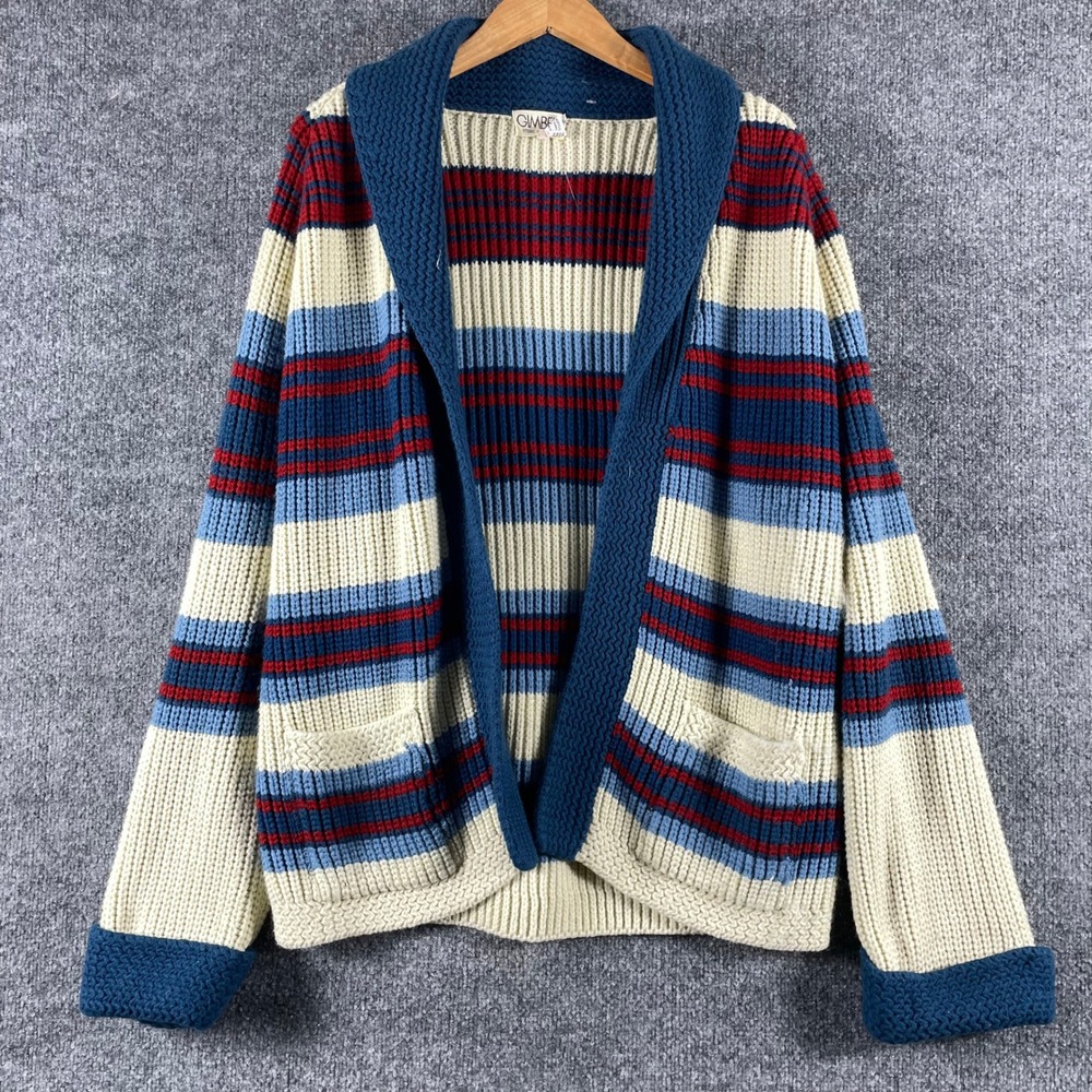 VTG Gimbels Cardigan Sweater Mens L Blue Striped Shawl Collar Pockets Lebowski
